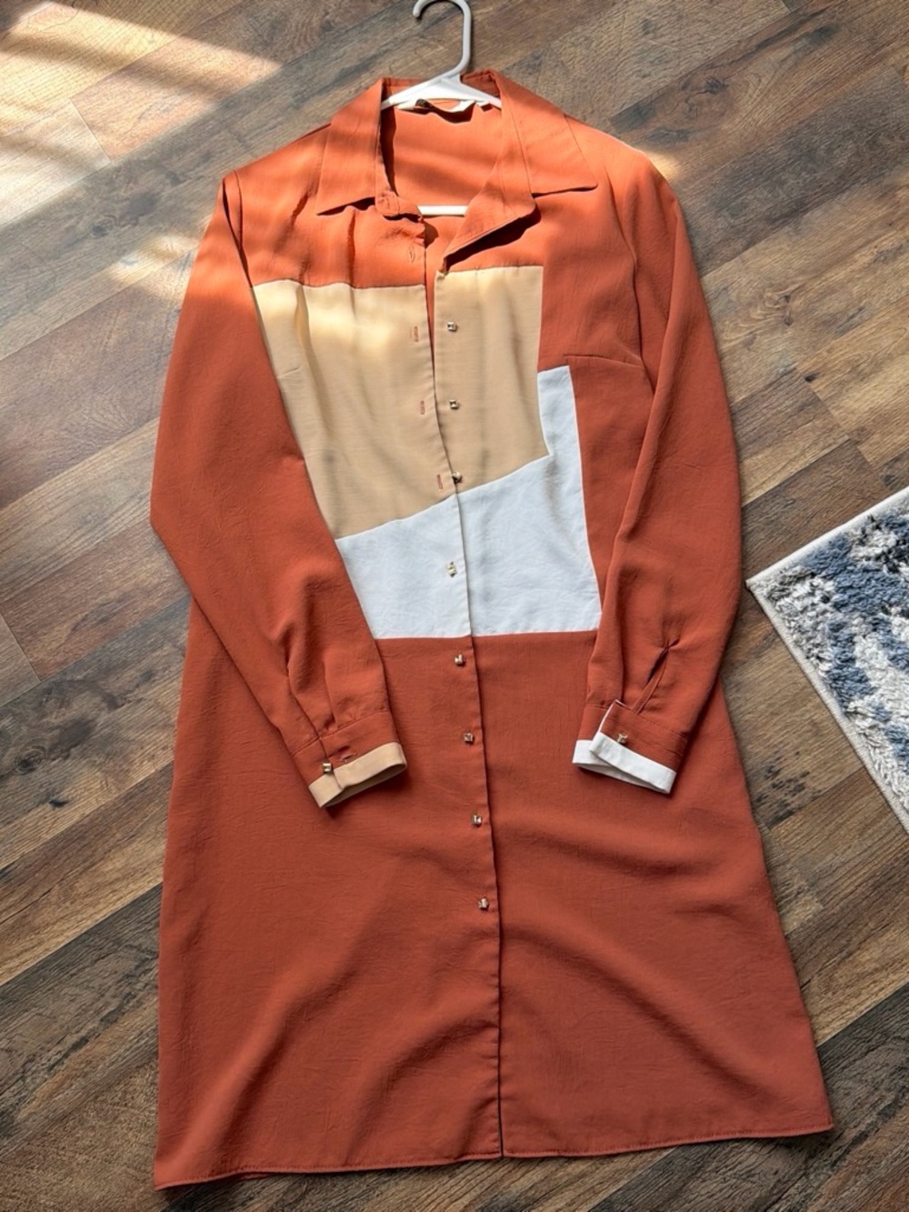 Vintage Rust Colorblock Long Sleeve Shirt Dress with Cream & Beige Panels